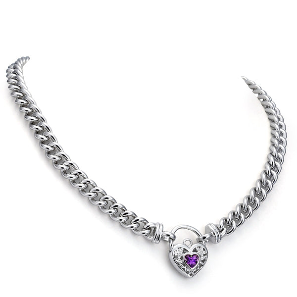 925 Sterling Silver Plated Euro Chain Necklace with a Purple Filigree Locket - USA Made-0
