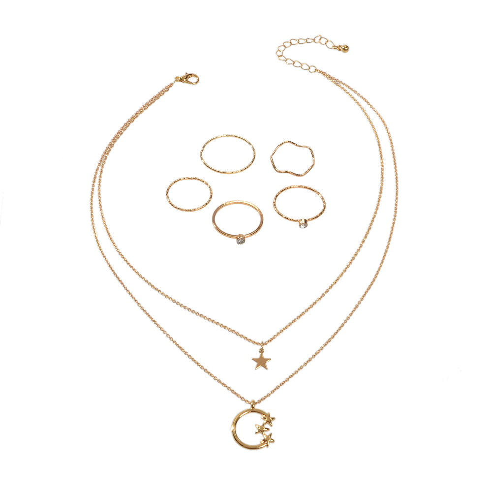 Jewellery Set Double Layer Chain Moon Star Necklace Stackable Wave Knuckle Rings