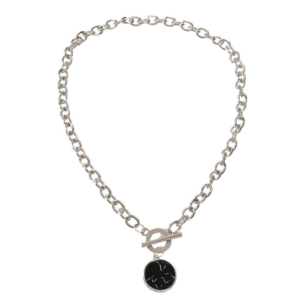 Punk Jewelry Chunky Silver Chain Black Marble Round Pendant Necklace Accessories-4