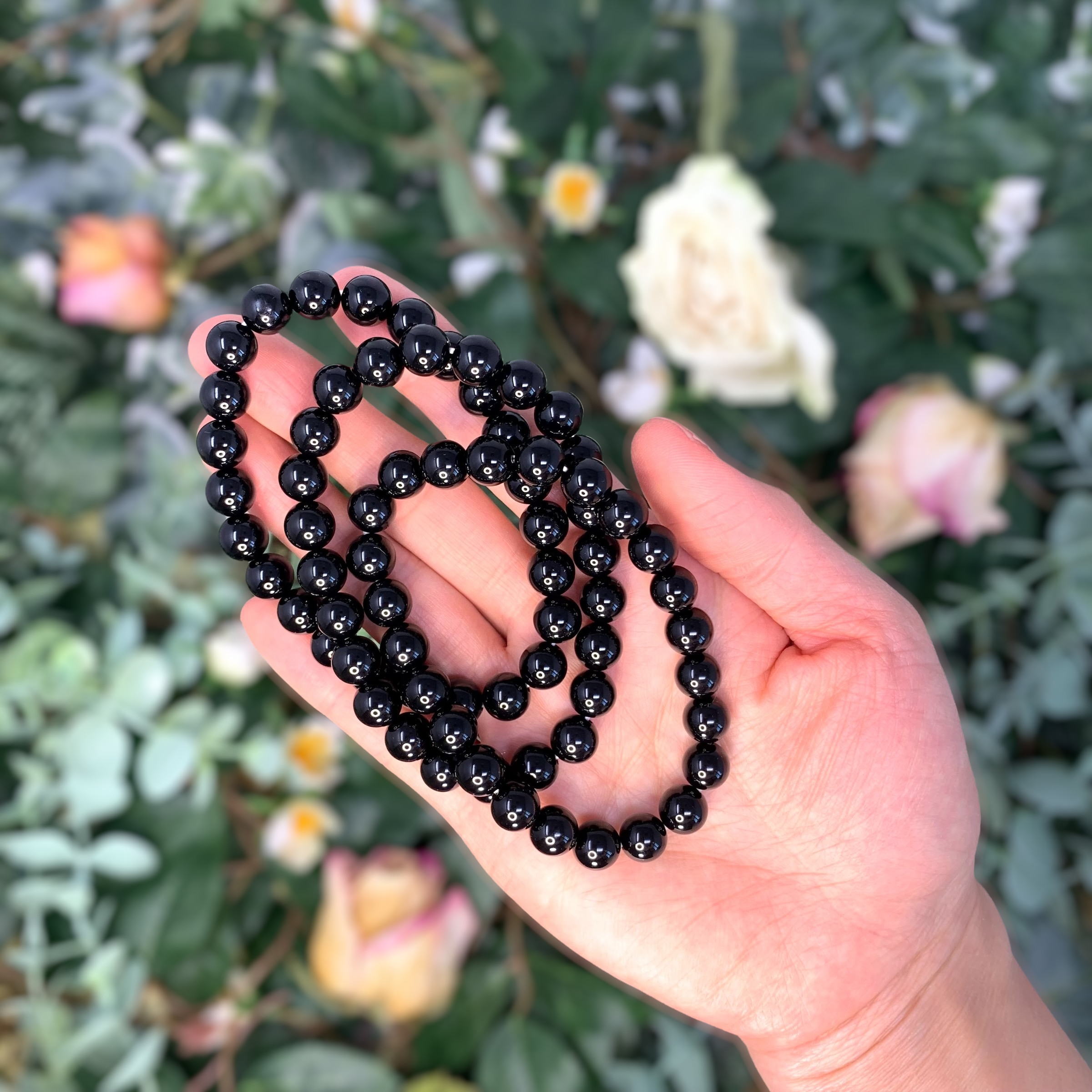 8mm  Black Obsidian Beaded Crystal Bracelet-1