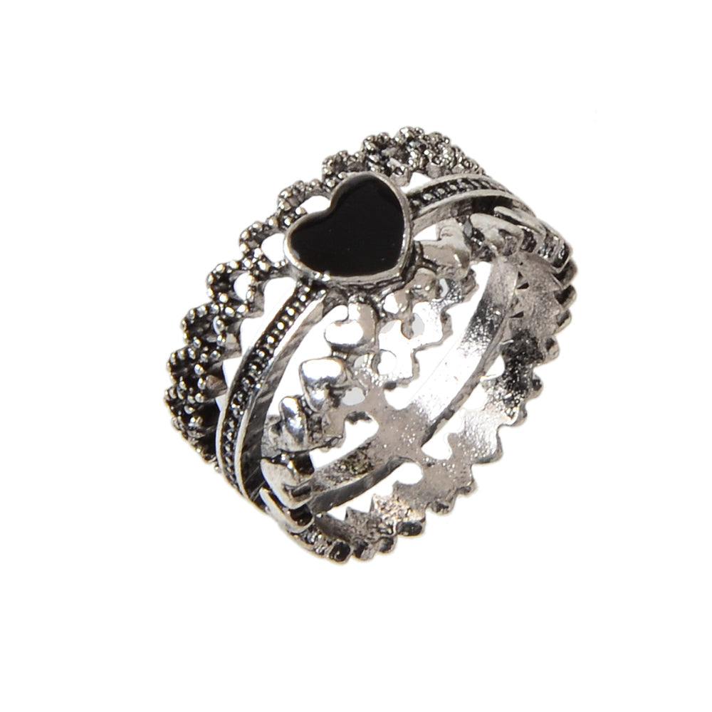 Vintage Antique Silver Black Enamel Love Heart Oxidized Intricate Stackable Ring