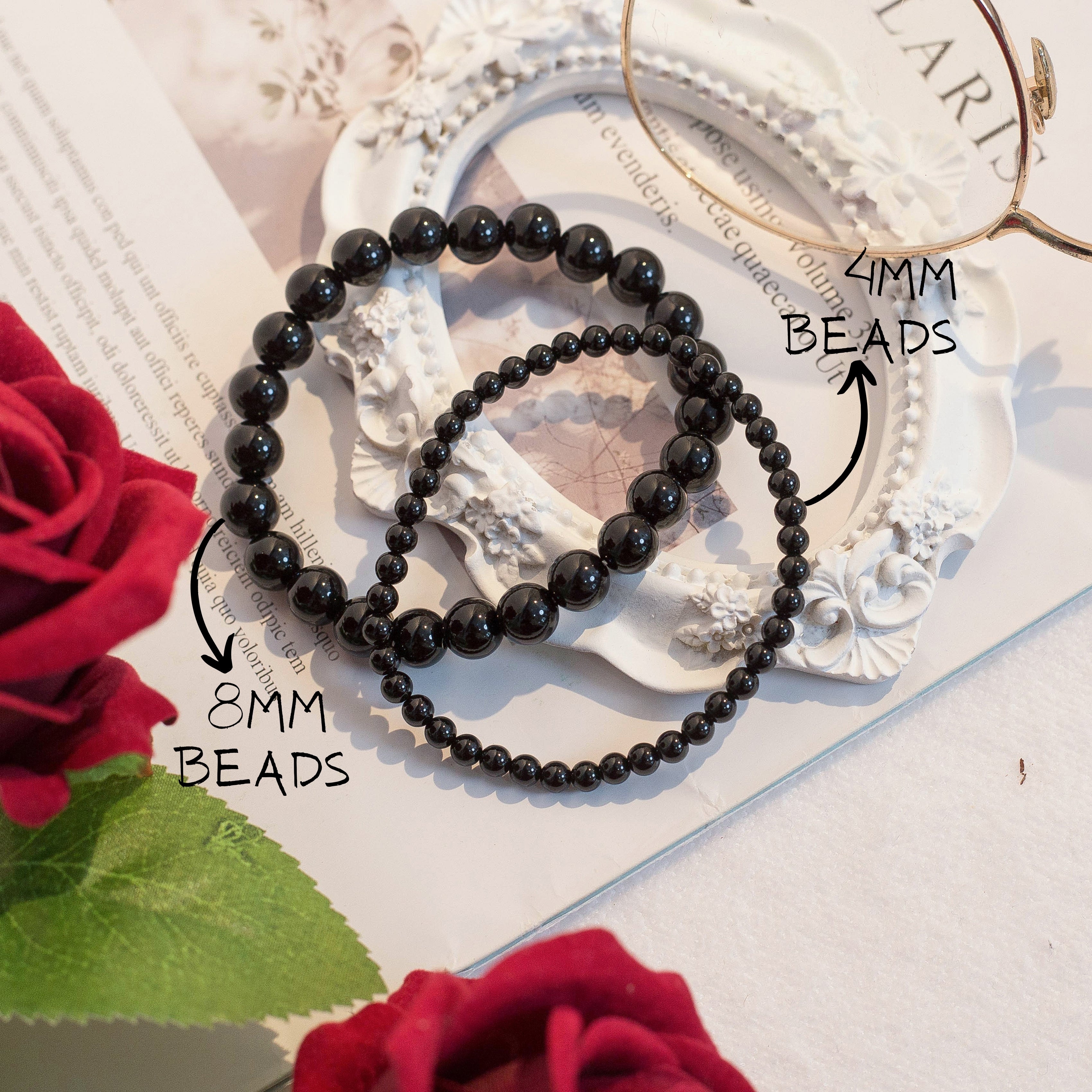 8mm  Black Obsidian Beaded Crystal Bracelet-2