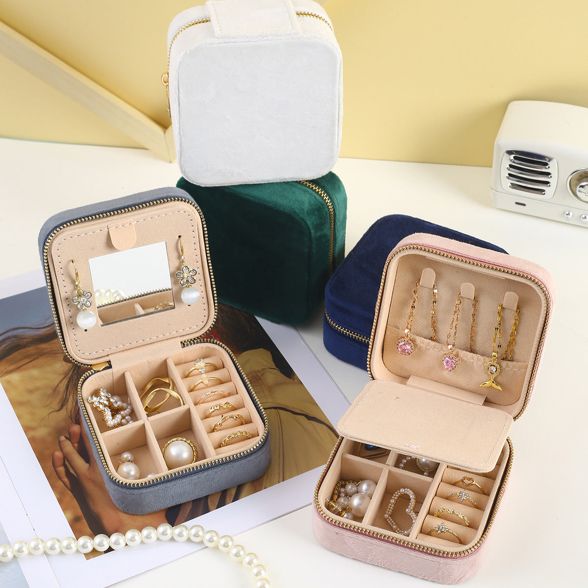 NNEDSZ 2PCS Blue Portable Travel Jewelry Box with Mirror and Compartments