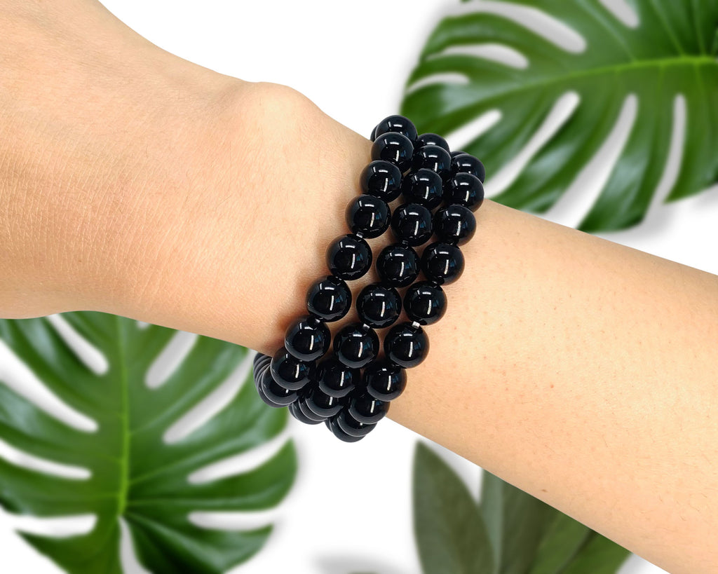 8mm  Black Obsidian Beaded Crystal Bracelet-3