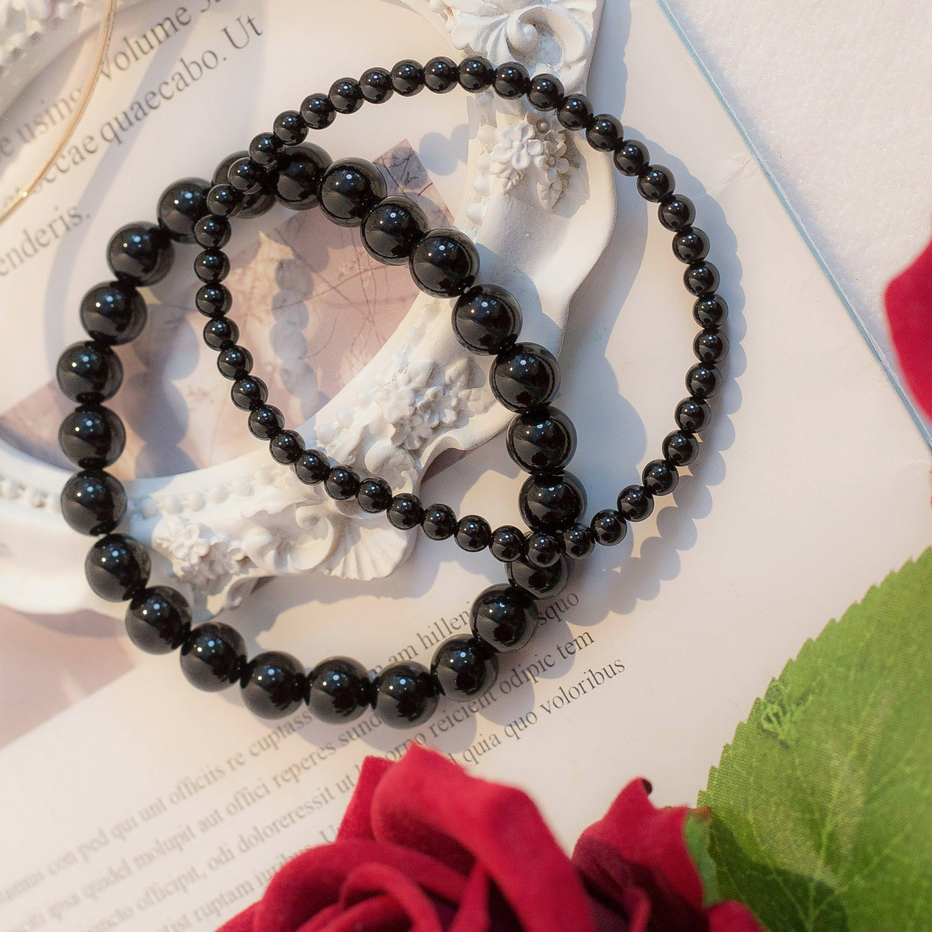 8mm  Black Obsidian Beaded Crystal Bracelet-0
