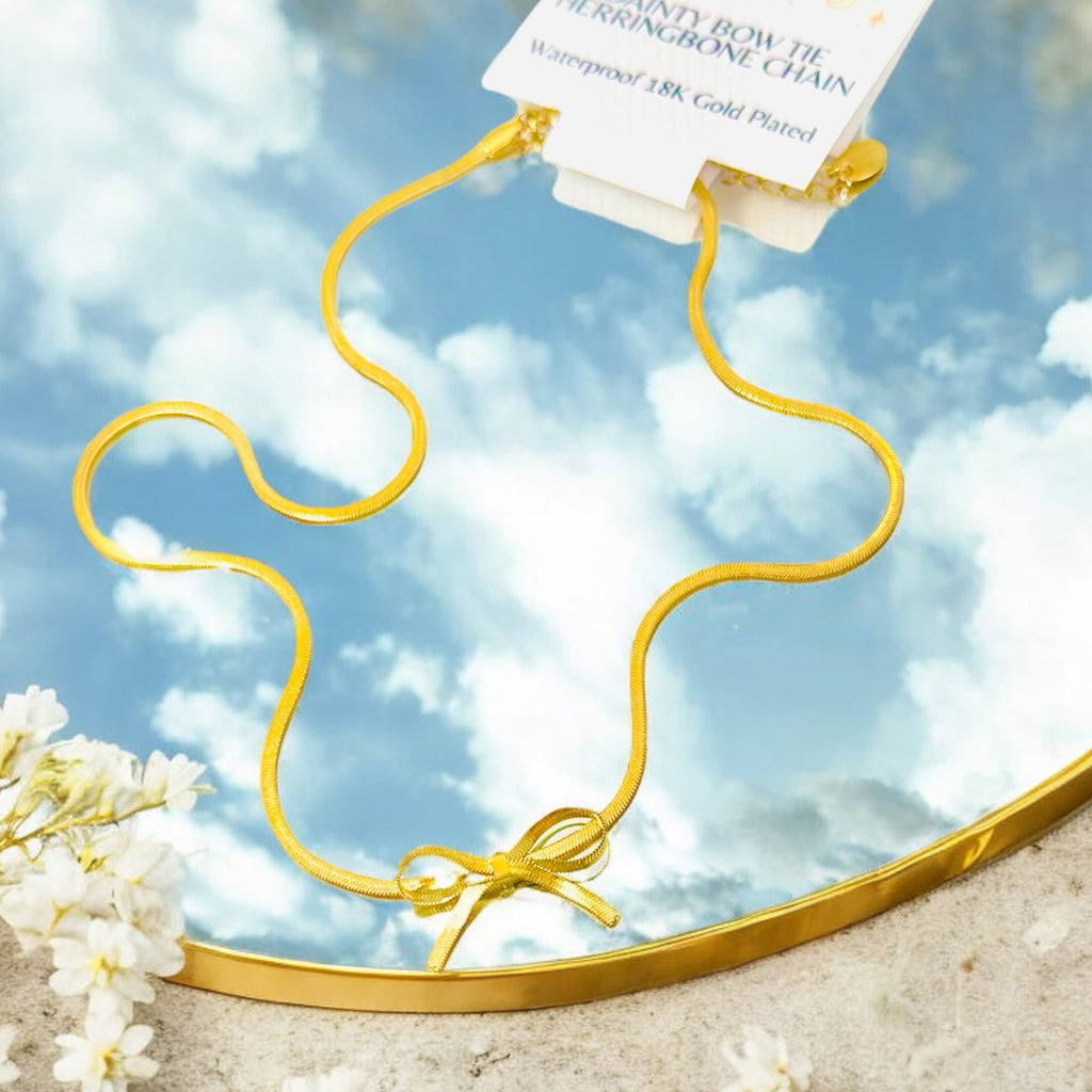 Dainty Bow Tie Herringbone - 18K Gold Plated, Waterproof Necklace-1