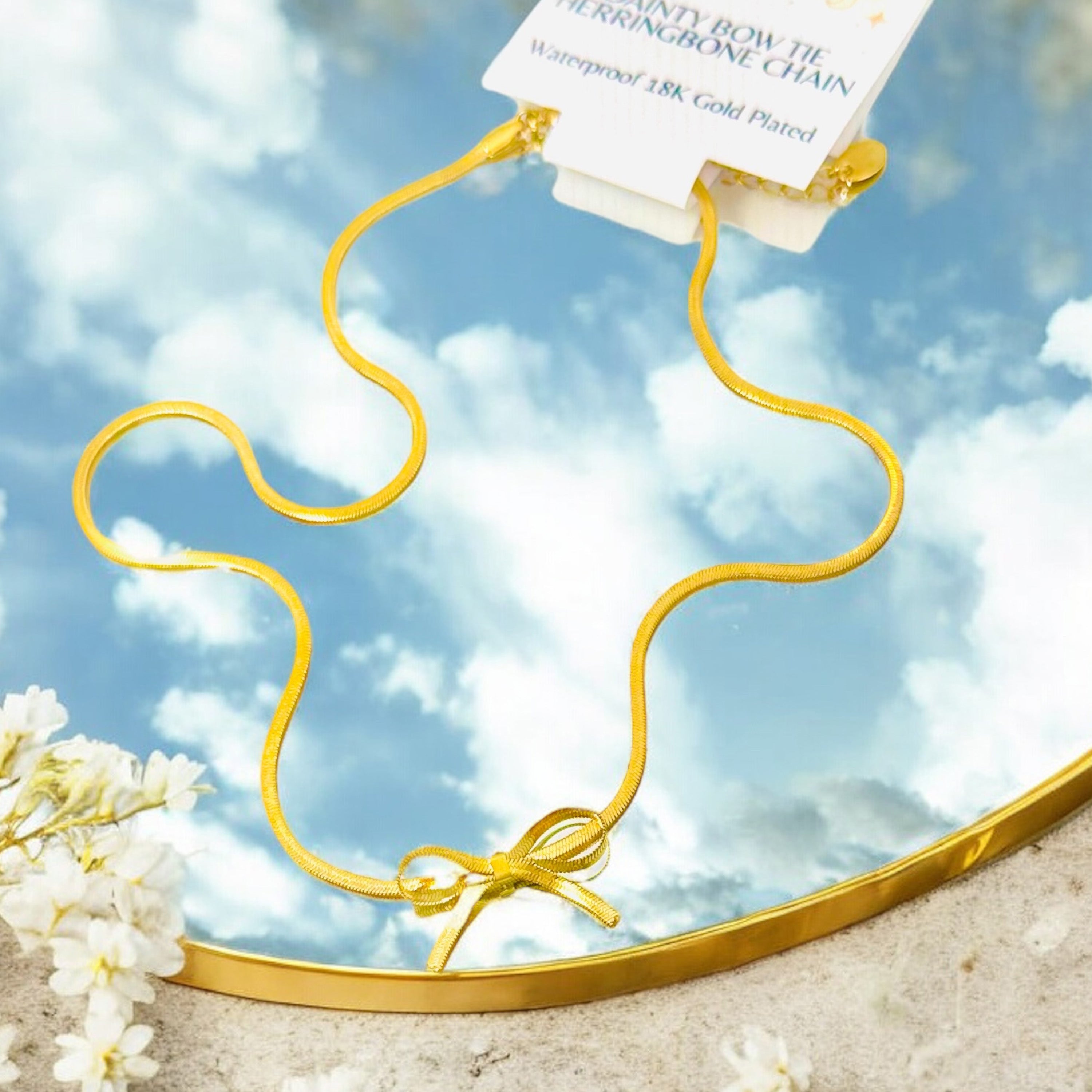 Dainty Bow Tie Herringbone - 18K Gold Plated, Waterproof Necklace-1