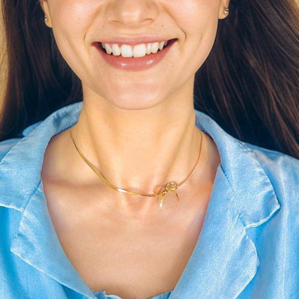 Dainty Bow Tie Herringbone - 18K Gold Plated, Waterproof Necklace-2