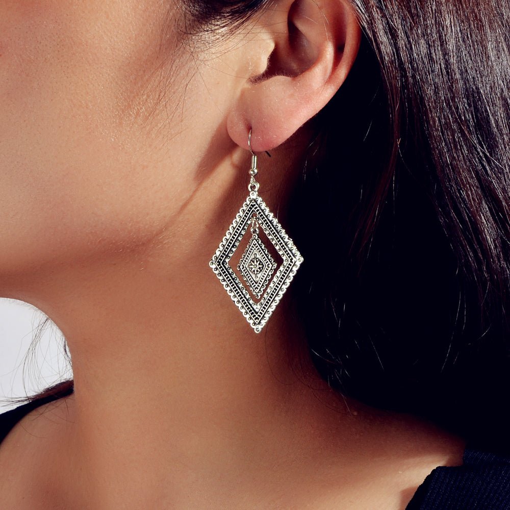 Tribal Ethnic Vintage Women Antique Silver Rhombus Geometric Dangle Earrings-0