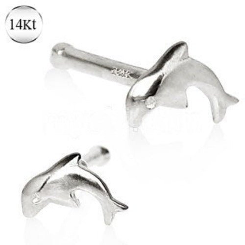 14Kt White Gold Stud Nose Ring with a Dolphin-0
