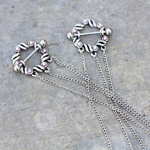 316L Stainless Steel Triple Chain Pink Ribbon Nipple Shields-0