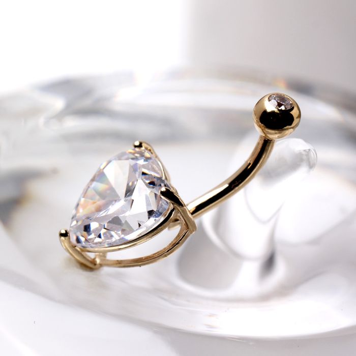 14Kt Yellow Gold Navel Ring with Large Clear Heart Prong Set CZ-1