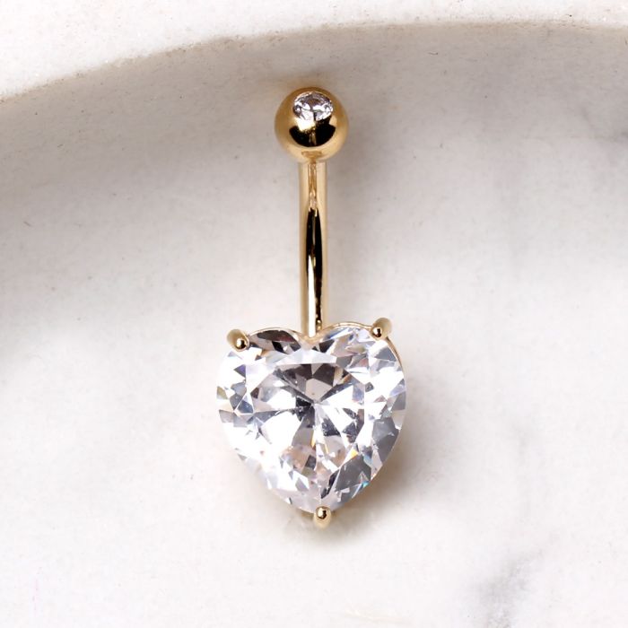 14Kt Yellow Gold Navel Ring with Large Clear Heart Prong Set CZ-0