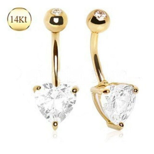 14Kt Yellow Gold Navel Ring with Large Clear Heart Prong Set CZ-2