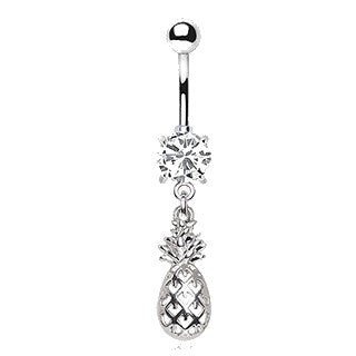 316L Stainless Steel Prong Set CZ Navel Ring with Pineapple Dangle-2