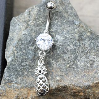 316L Stainless Steel Prong Set CZ Navel Ring with Pineapple Dangle-0