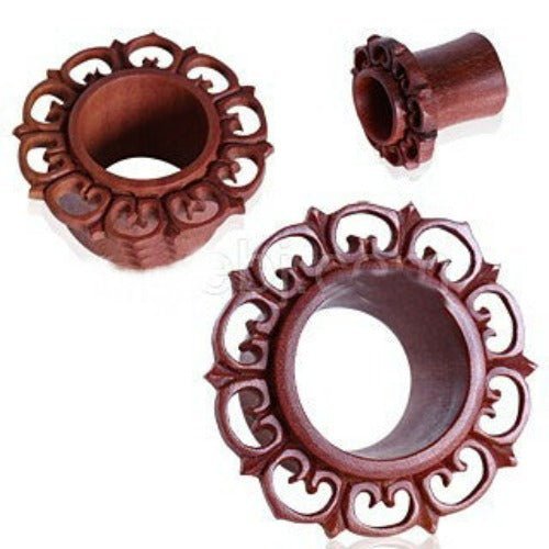Sawo Wood Ornate Petal Eyelet Flesh Tunnel Plug-0
