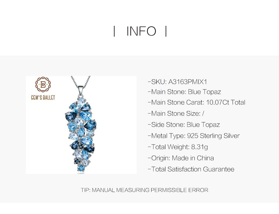 London Blue Topaz Swiss Blue Topaz Sky Blue Topaz Mix Gemstone Pendants For Women Gift Luxury Jewelry Accessories